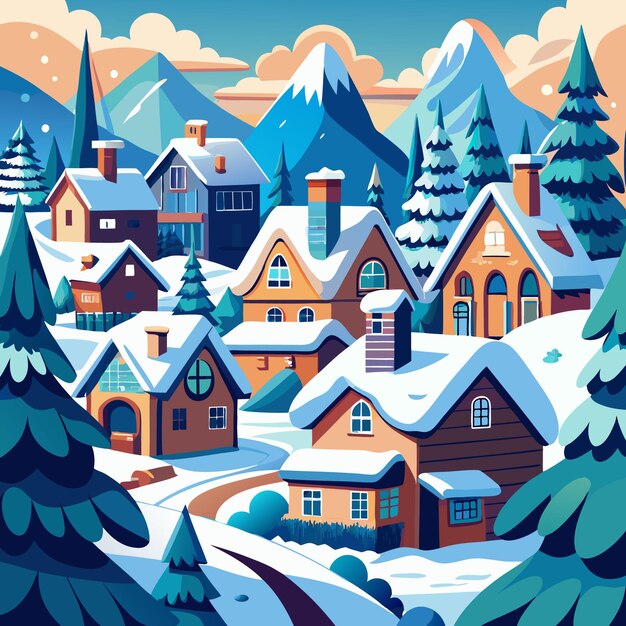 Vector a picture of a village with snow covered trees and houses