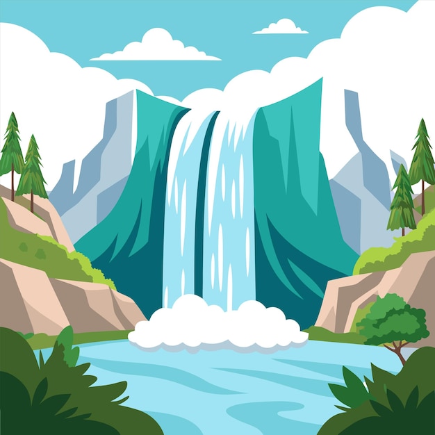 Vector a picture of a waterfall with trees and mountains in the background