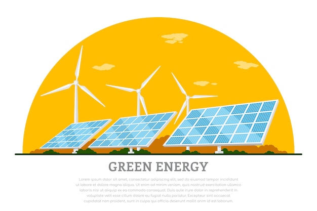 Picture of wind turbines and solar panels,   concept banner of renewable wind and solar energy