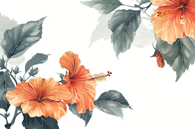 a picture with hibiscus flowers on it on white background in the style of light orange and light