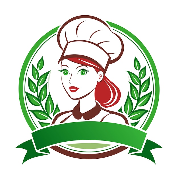 a picture of a woman in a chef hat and a green ribbon with a green ribbon around it