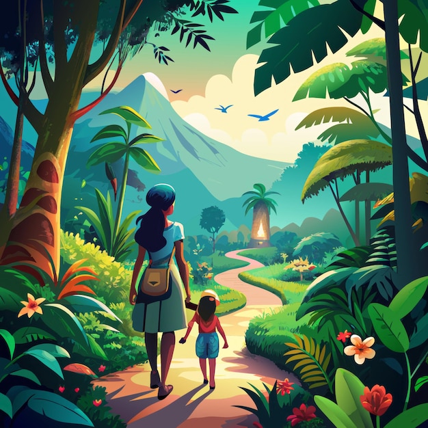 a picture of a woman and a child walking in a jungle