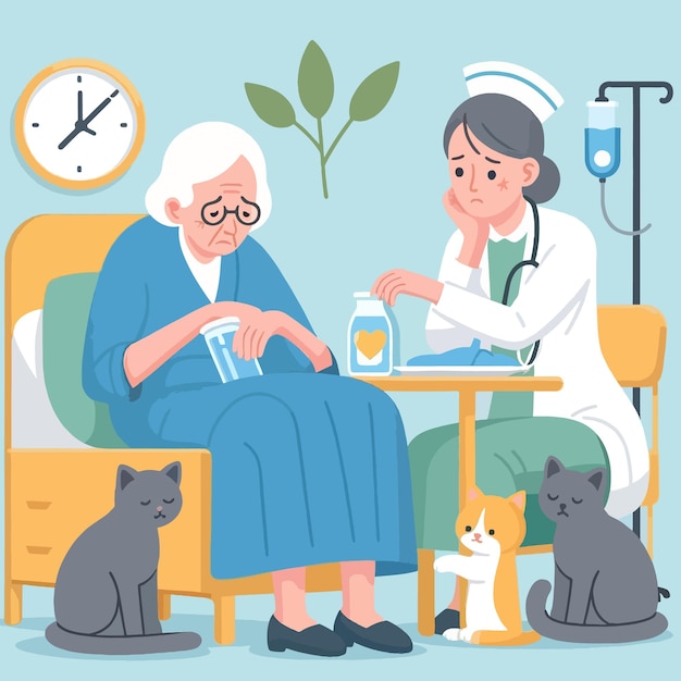 a picture of a woman with a nurse and two cats