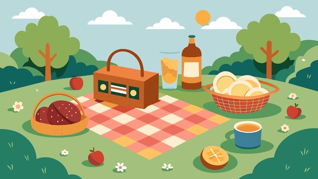 A pictureperfect picnic scene with a checkered blanket spread out on the grass a wicker basket