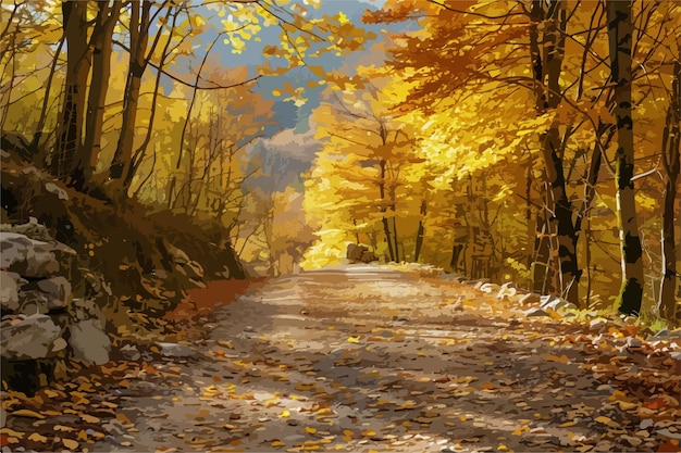 Vector picturesque autumn road in golden forest