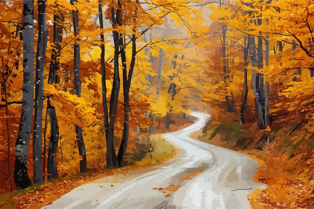 Vector picturesque autumn road in golden forest