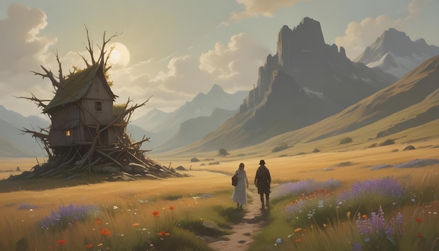 Vector a picturesque landscape with two figures walking on a path towards a towering mountain a dilapidated wooden house with a leafy roof is in the foreground suggesting a sense of isolation and adventure