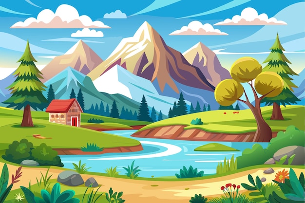 Vector a picturesque mountain valley scene with a winding river and a small cottage