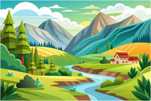 Vector picturesque mountain valley with winding river and village