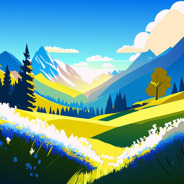 a picturesque spring meadow in the mountains with a bright alpine landscape of blue sky white clouds