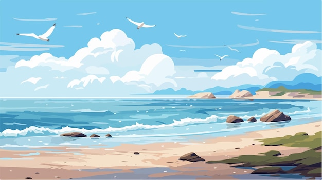 Vector picturesque summer landscape with sea coast sand beach and sky