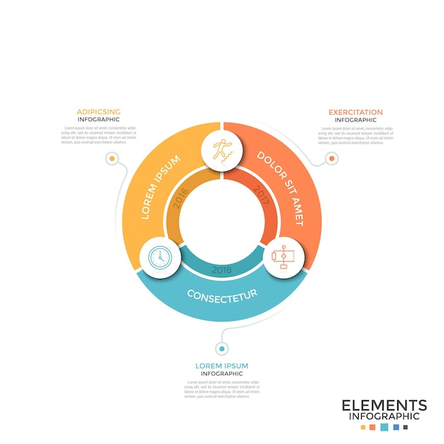 Pie chart divided into 3 equal colorful sectors with linear symbols and year indication. Concept of cycle of annual development. Simple infographic design template. Vector illustration for report.