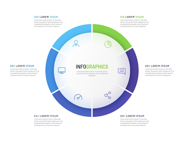 Pie chart infographic template divided by six parts vector illustration