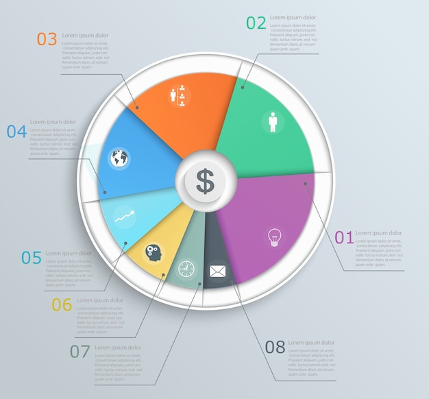 Pie chart with icons infographics for web and mobile banner step structure of the workflow business layout