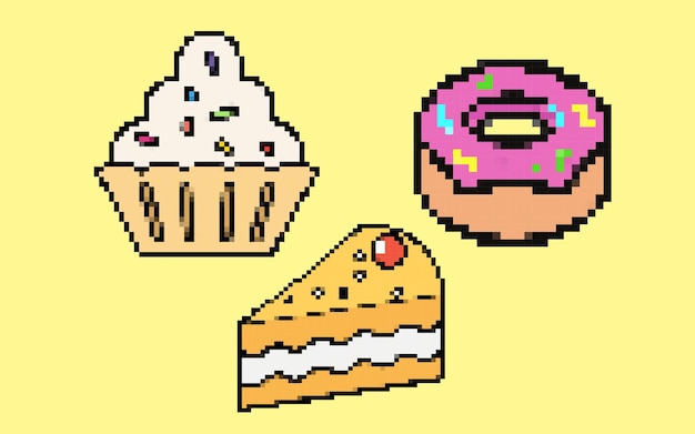 Pie Cupcake and donut pixel style illustration vector set 8bit concept colorful dessert idea