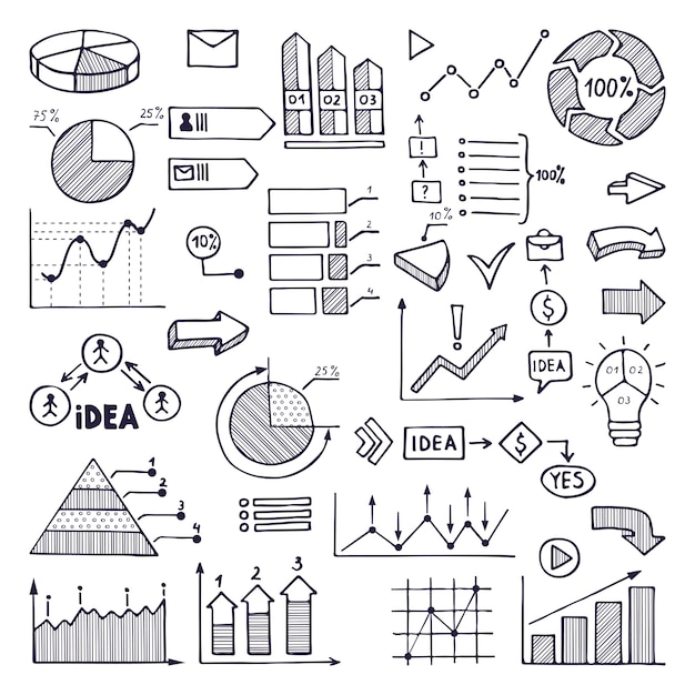 Pie graph, graphics and charts. Business illustrations in hand drawn style