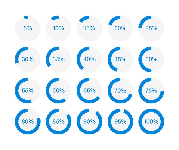 Pie graph icon set. Vector flat illustration. Percentage loading circle design elements on white