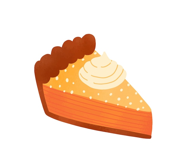 Pie piece flat vector illustration. Tasty cake slice decorated with whipped cream cap isolated on white. Delicious pastry, traditional american cheesecake. Baked dessert, orange tart design element.