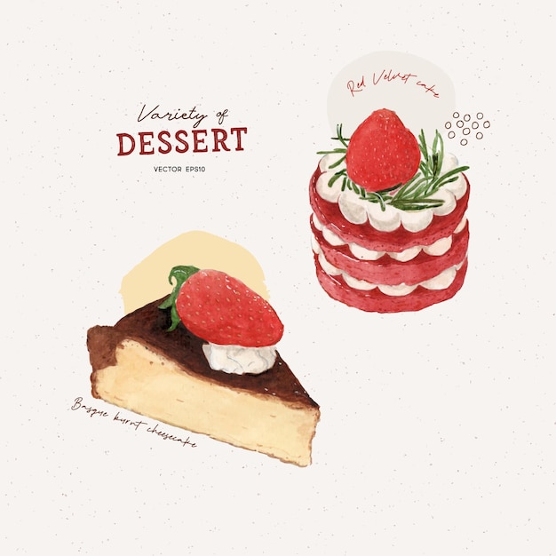 Piece of cake, basquu cheese cake and red velvet cake.