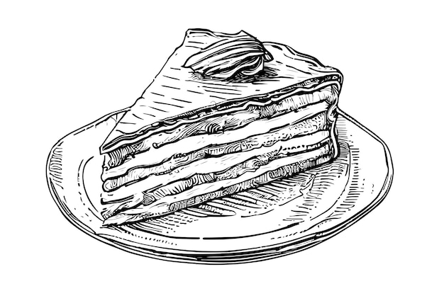 Piece of cake on a plate sketch hand drawn engraved style sketch Vector illustration