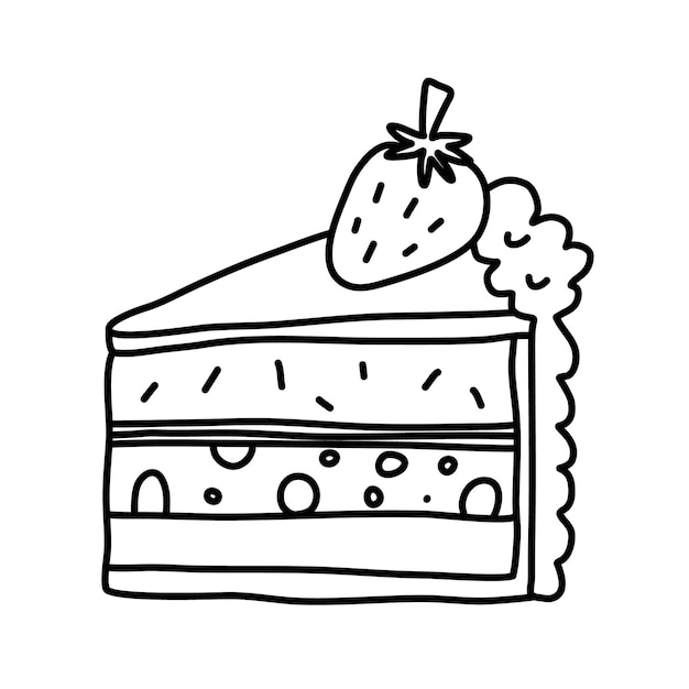 Piece of cake with strawberry Vector doodle drawing