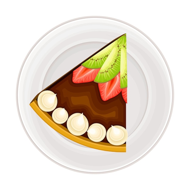 Vector piece of chocolate cake with shortcrust and cream as sugary dessert rested on plate vector