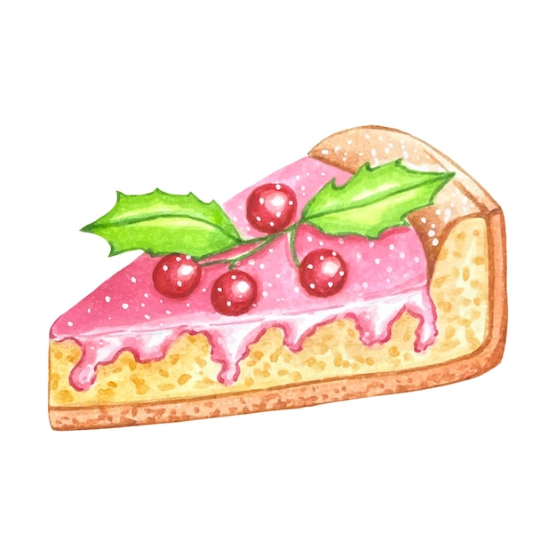 Piece of Christmas cake with pink icing and holly berries watercolor