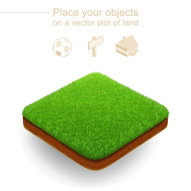 Piece of garden. 3d realistic vector. Square plot of land with a green grass and a brown cut of soil.