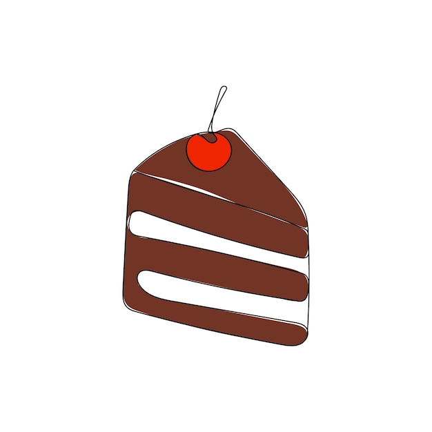 Piece of layered chocolate cake with cherry. Hand drawn cake slice vector illustration.