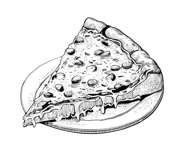 A piece of pizza lies on a plate hand drawn engraving style sketch Vector illustration