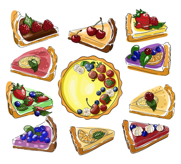 Pieces of berry tart with different fruits and berries. Cartoon,cherry,strawberry,raspberry,blueberry,orange,lemon, culinary poster,dessert poster,berry cake,pie slices set