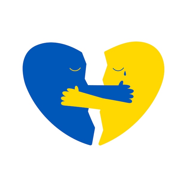 Pieces of broken heart hugging each other Ukrainian flag colors flat vector Ukraine during war