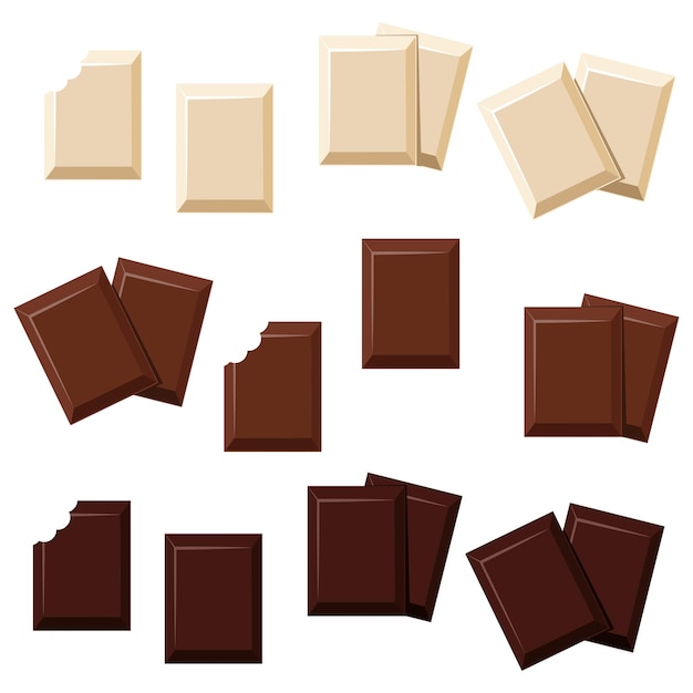 Pieces of chocolate, full and bitten. Milk, dark and white chocolate bites set. Organic cocoa product vector illustration