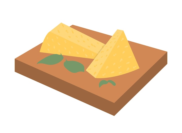 Pieces of hard yellow cheese on wooden board with leaves