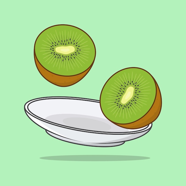 Pieces Of Kiwi On A Plate Cartoon Vector Illustration Kiwi Fruit Flat Icon Outline