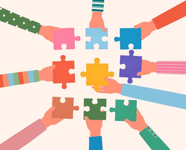 Pieces of puzzles in hands people teamwork People connect jigsaw business problem solving partnership