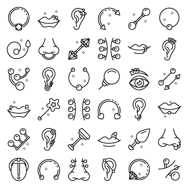 Piercing icons set, outline style