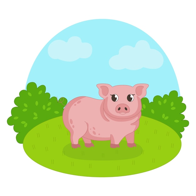 Pig on the background of grass and sky