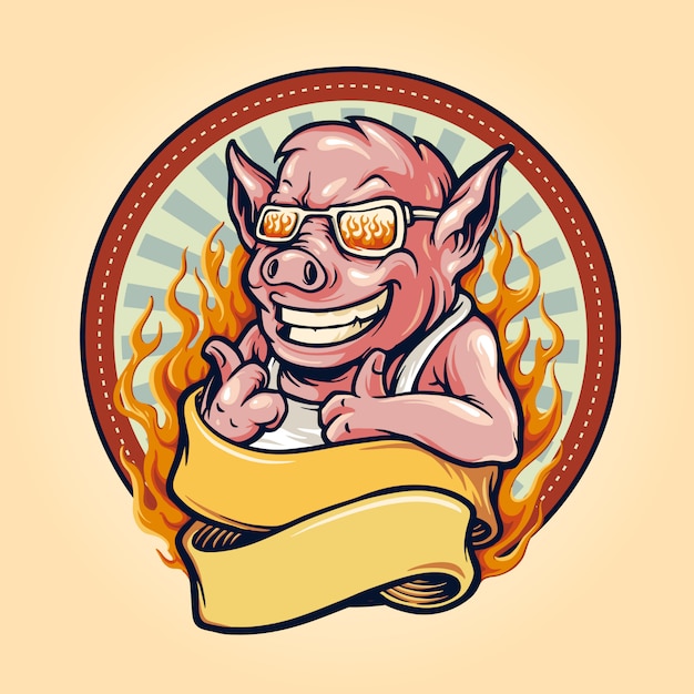 Vector pig barbecue bbq mascot logo with ribbon and fire vintage