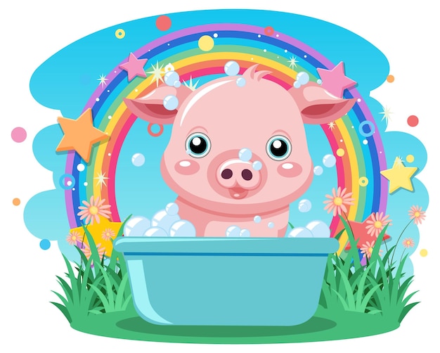 Pig cartoon taking a bath