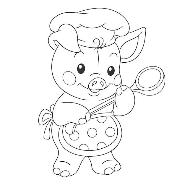 Pig chef cook. Cartoon character. Coloring book page in line art style.