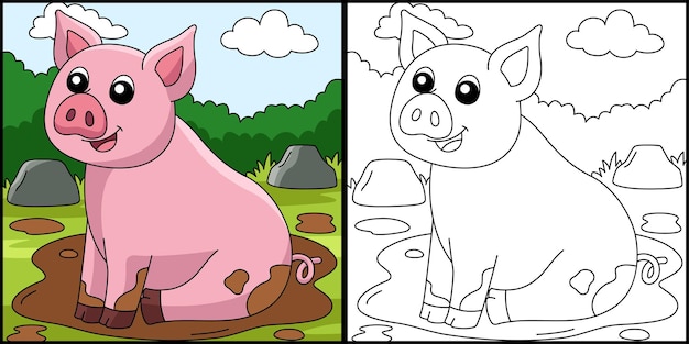 Pig Coloring Page Colored Illustration