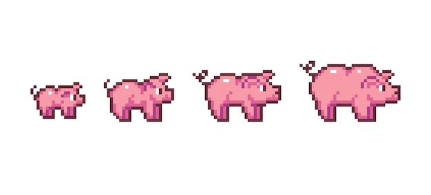 Pig growing stages pixel art set. Piggy development process collection.