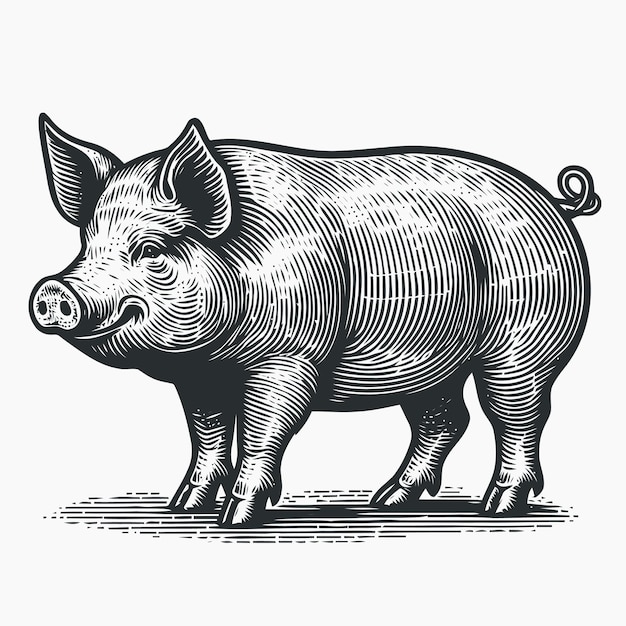 Pig illustration with engraving style