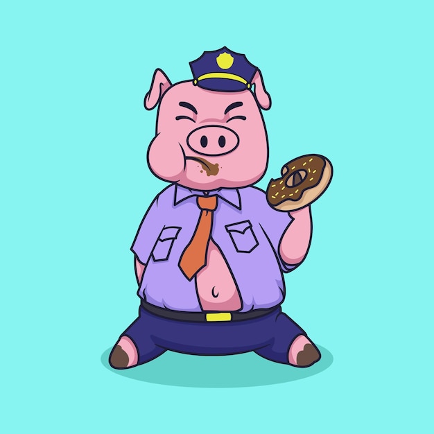 Pig police eating donut illustration