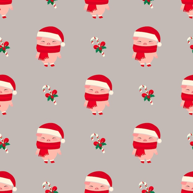 Pig seamless pattern for Christmas and New Year with cute pig in Santas red hat and scarf