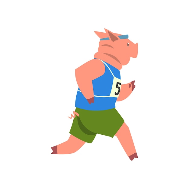 Pig in sport uniform running funny sportive wild animal character doing sports vector Illustration isolated on a white background