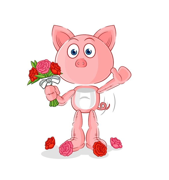 Pig with bouquet mascot cartoon vector