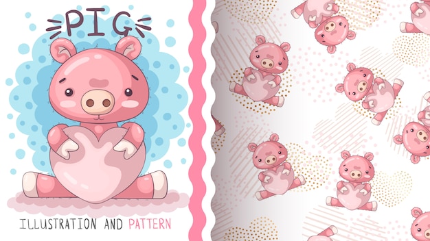 Pig with heart - seamless pattern