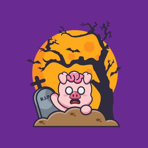 pig zombie rise of graveyard cute halloween cartoon illustration